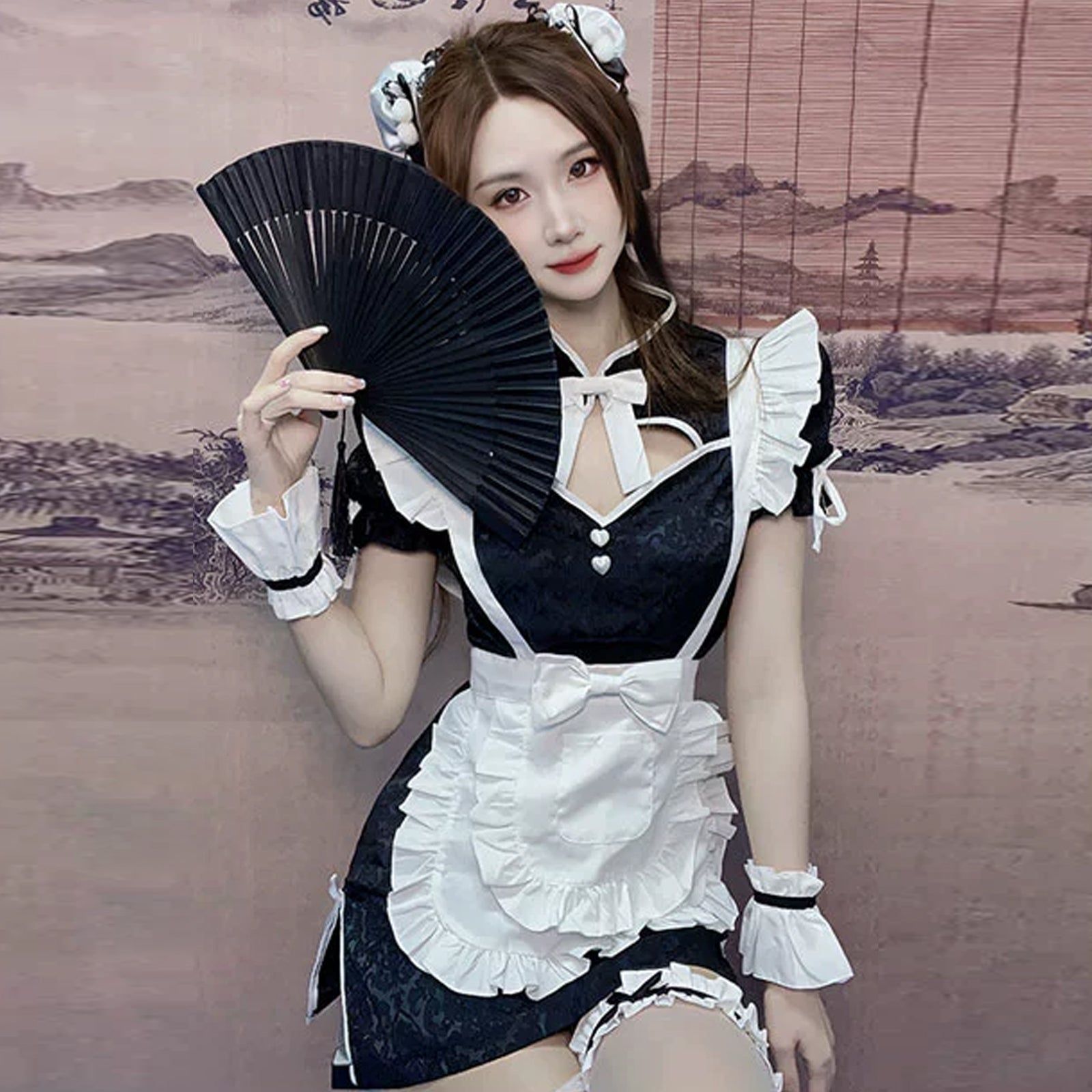 Chinese Maid Lingerie Set Anime Lolita High Slit Cheongsam Dress with Apron