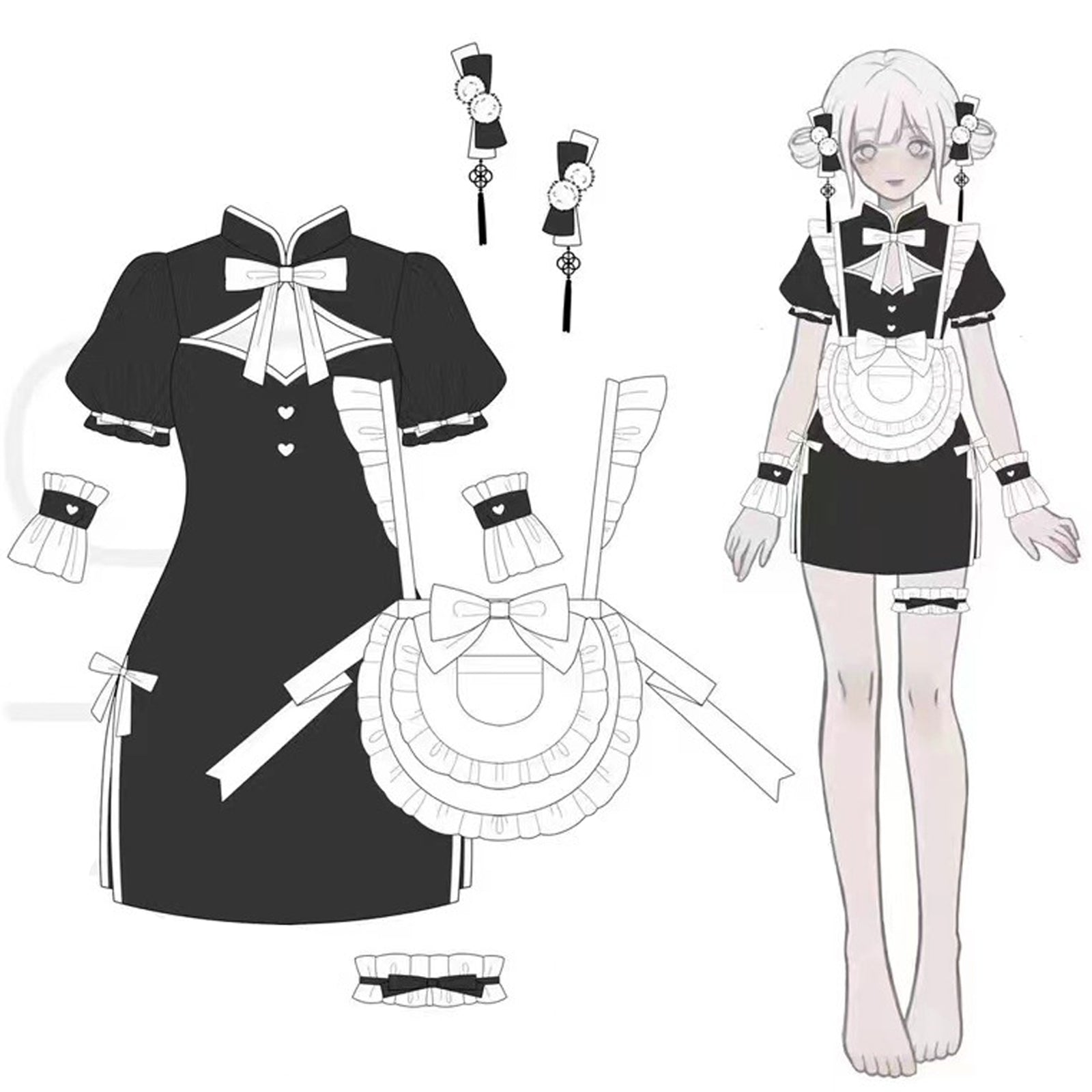 Chinese Maid Lingerie Set Anime Lolita High Slit Cheongsam Dress with Apron