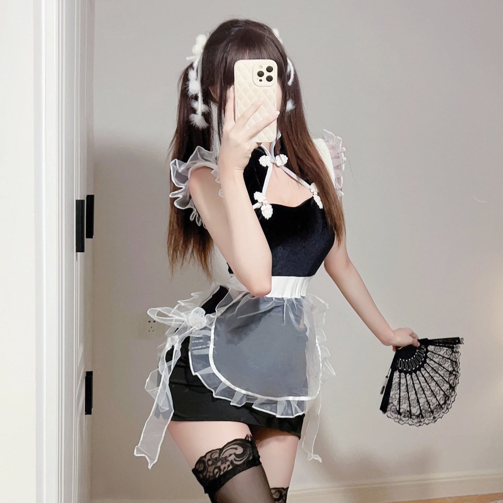 Chinese Maid Lingerie Set Hollow Out Anime Bodysuit with Mesh Apron