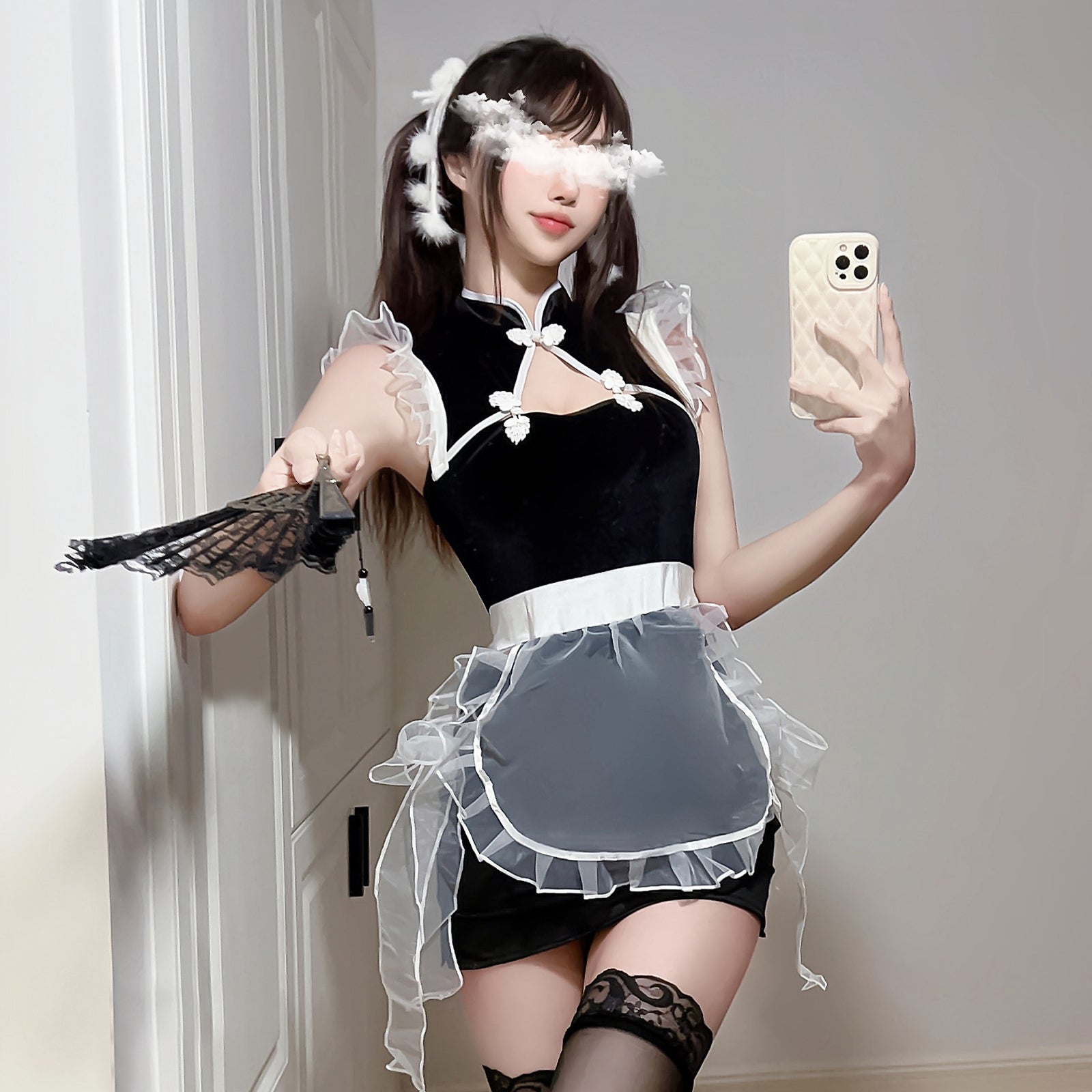 Chinese Maid Lingerie Set Hollow Out Anime Bodysuit with Mesh Apron