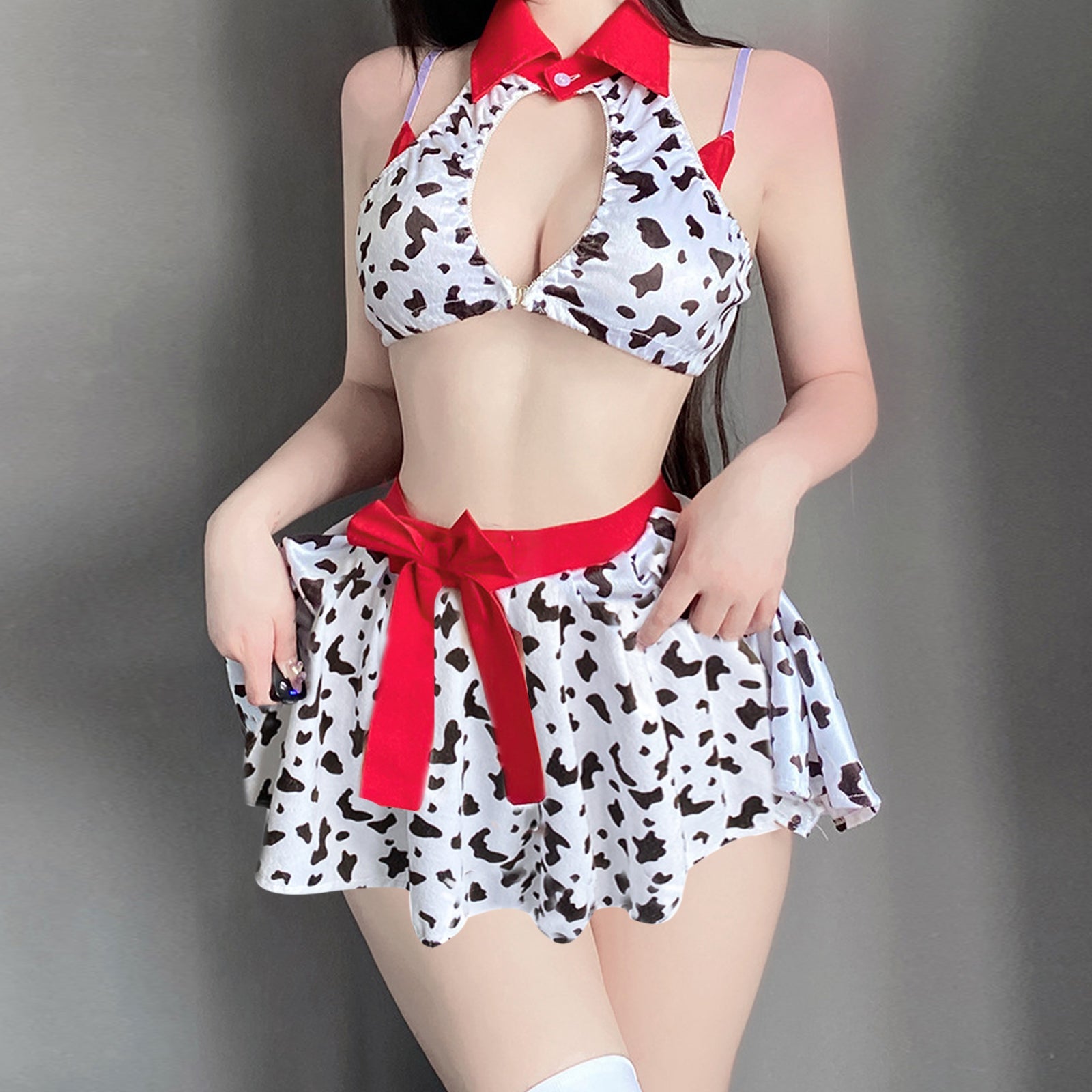 Cow Cosplay Costumes Anime Cow Print Lingerie Halter Crop Top and Mini Skirt Set