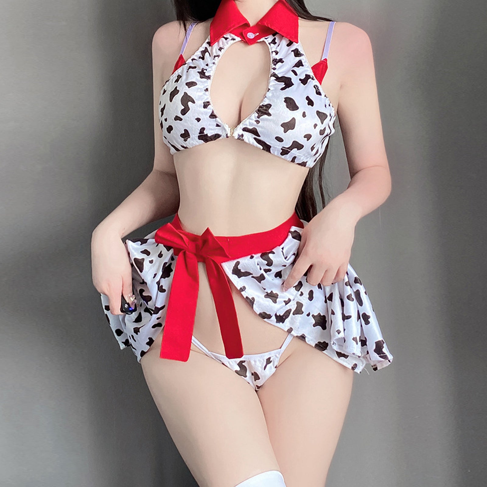 Cow Cosplay Costumes Anime Cow Print Lingerie Halter Crop Top and Mini Skirt Set