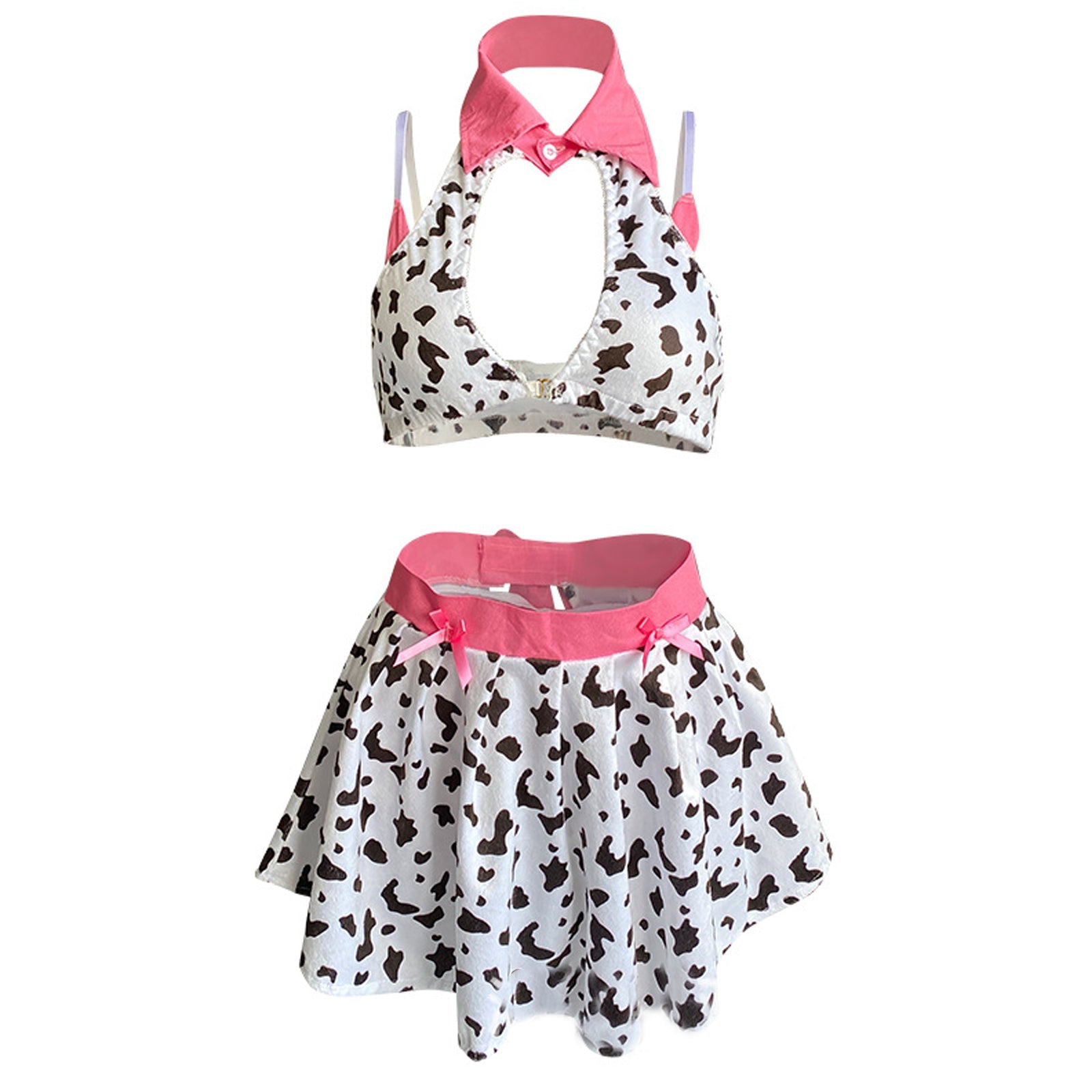 Cow Cosplay Costumes Anime Cow Print Lingerie Halter Crop Top and Mini Skirt Set