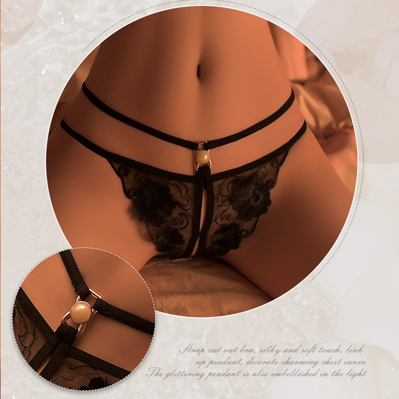 Double Straps Lace G-String Panty Pearls Crotchless Women Briefs