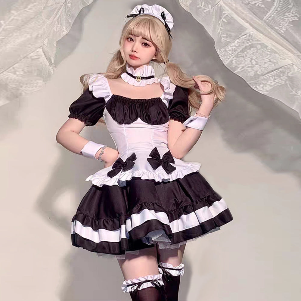 Anime Maid Cosplay Costume Gothic Lolita Outfits 7 Pieces Adult Maid Halloween Uniform