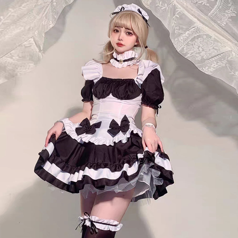 Anime Maid Cosplay Costume Gothic Lolita Outfits 7 Pieces Adult Maid Halloween Uniform