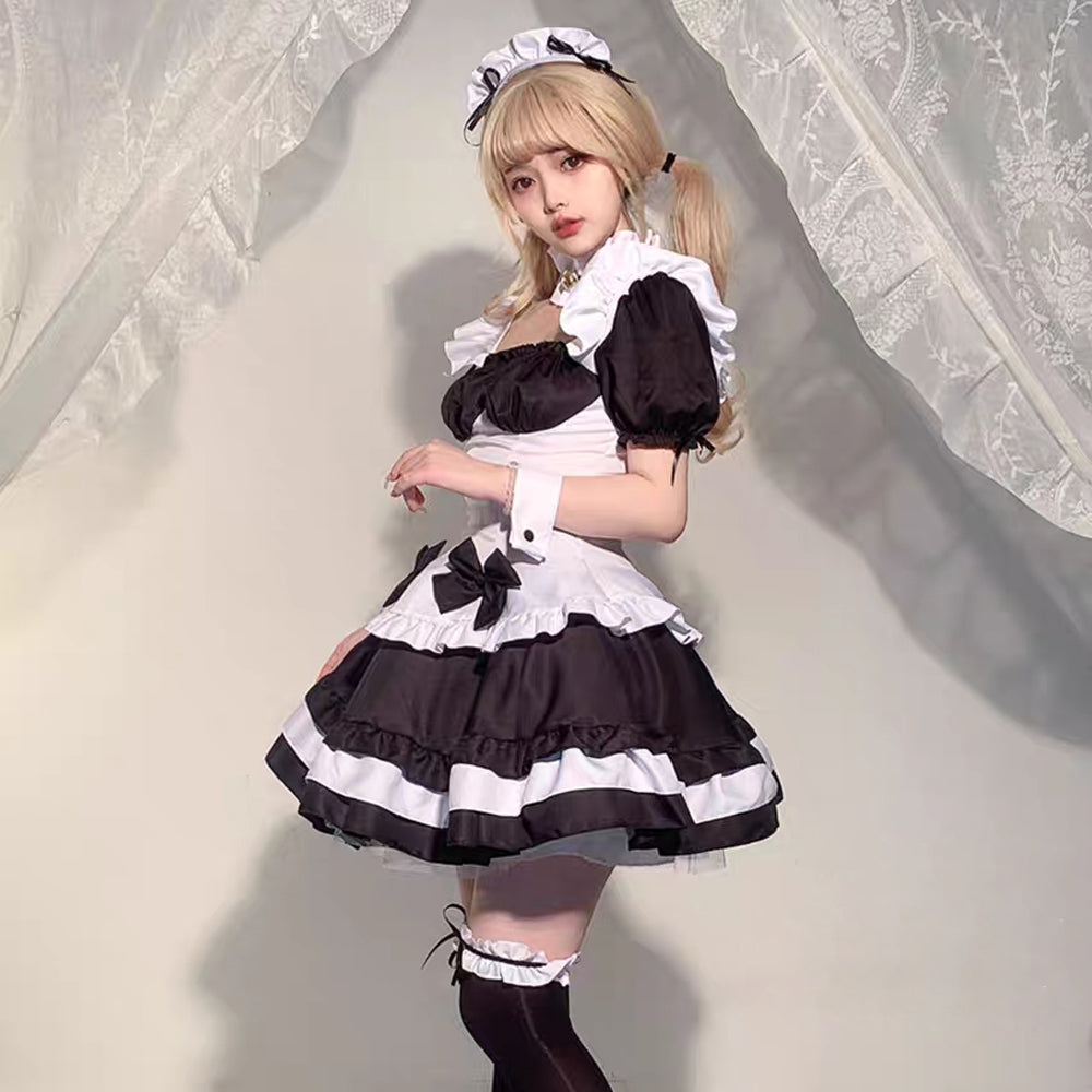 Anime Maid Cosplay Costume Gothic Lolita Outfits 7 Pieces Adult Maid Halloween Uniform