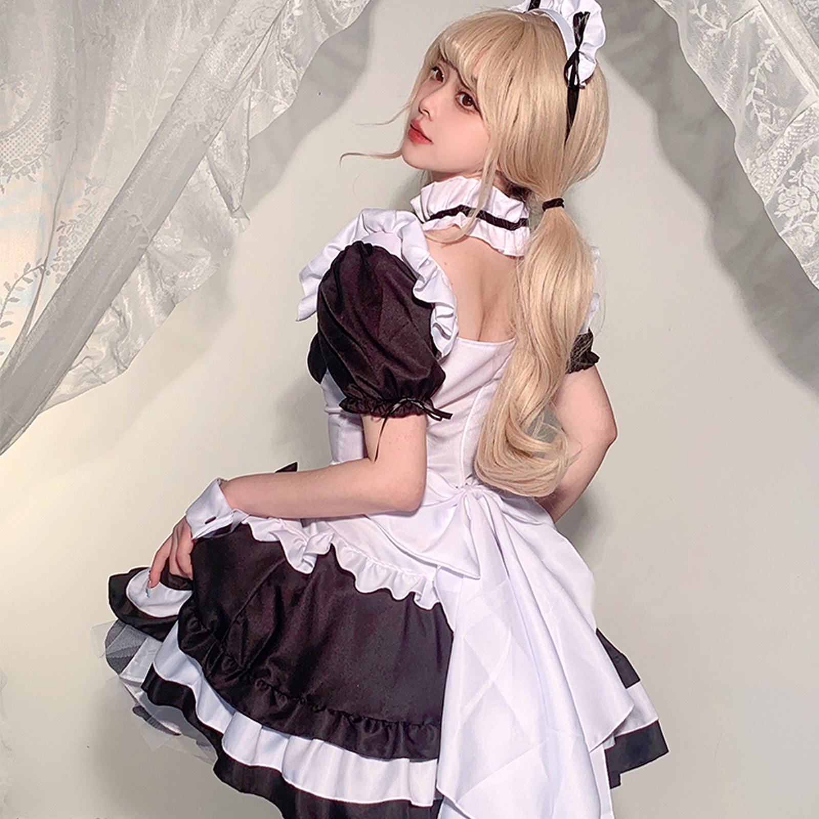 Anime Maid Cosplay Costume Gothic Lolita Outfits 7 Pieces Adult Maid Halloween Uniform