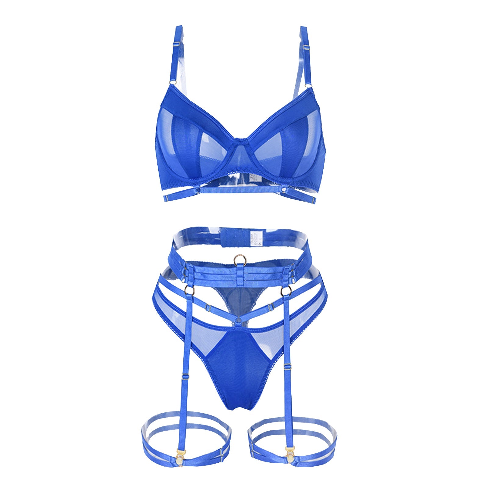 Gothic Garter Belt Set 3 Piece Strappy Bra and Panty Lingerie Set Mesh Underwire Bra Set