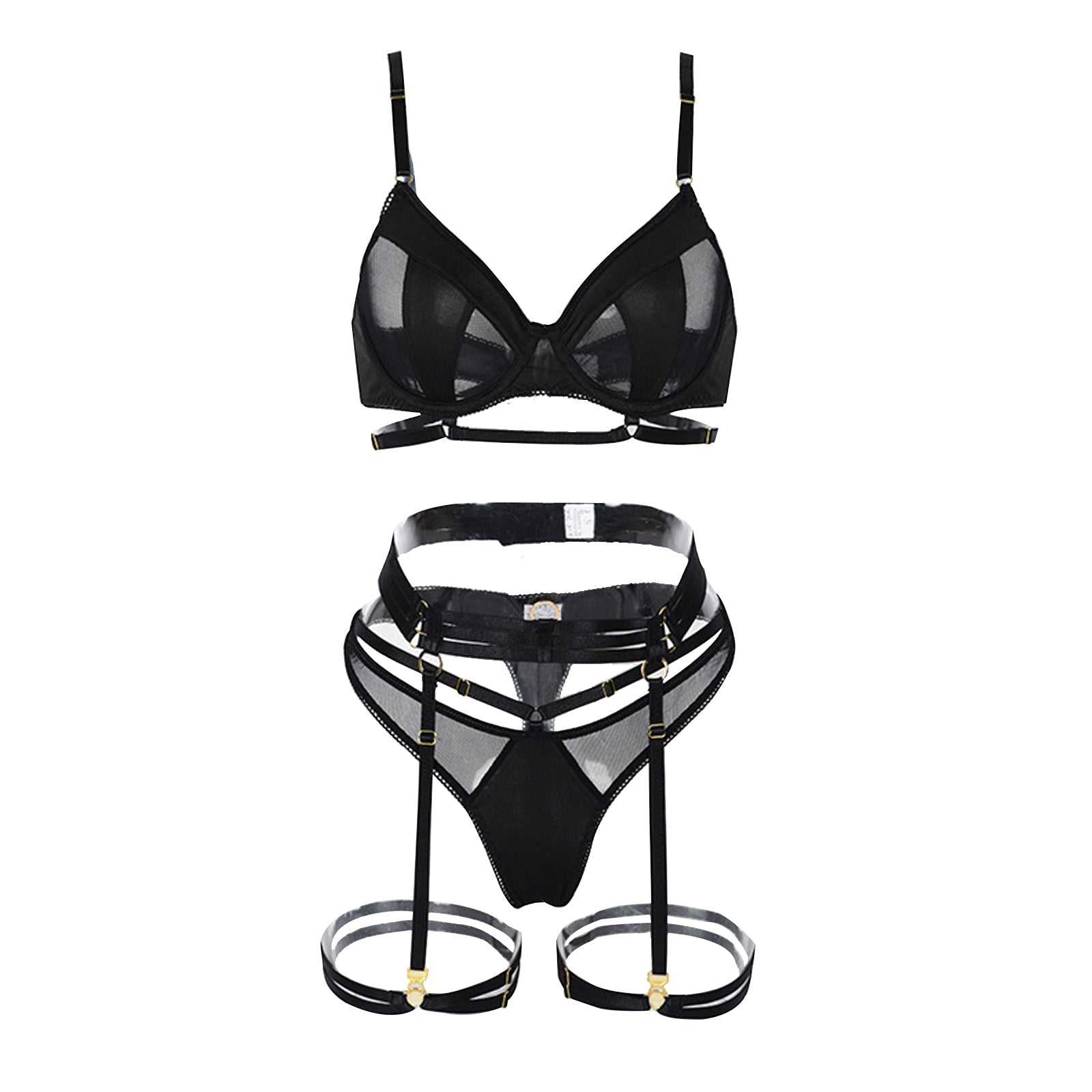 Gothic Garter Belt Set 3 Piece Strappy Bra and Panty Lingerie Set Mesh Underwire Bra Set