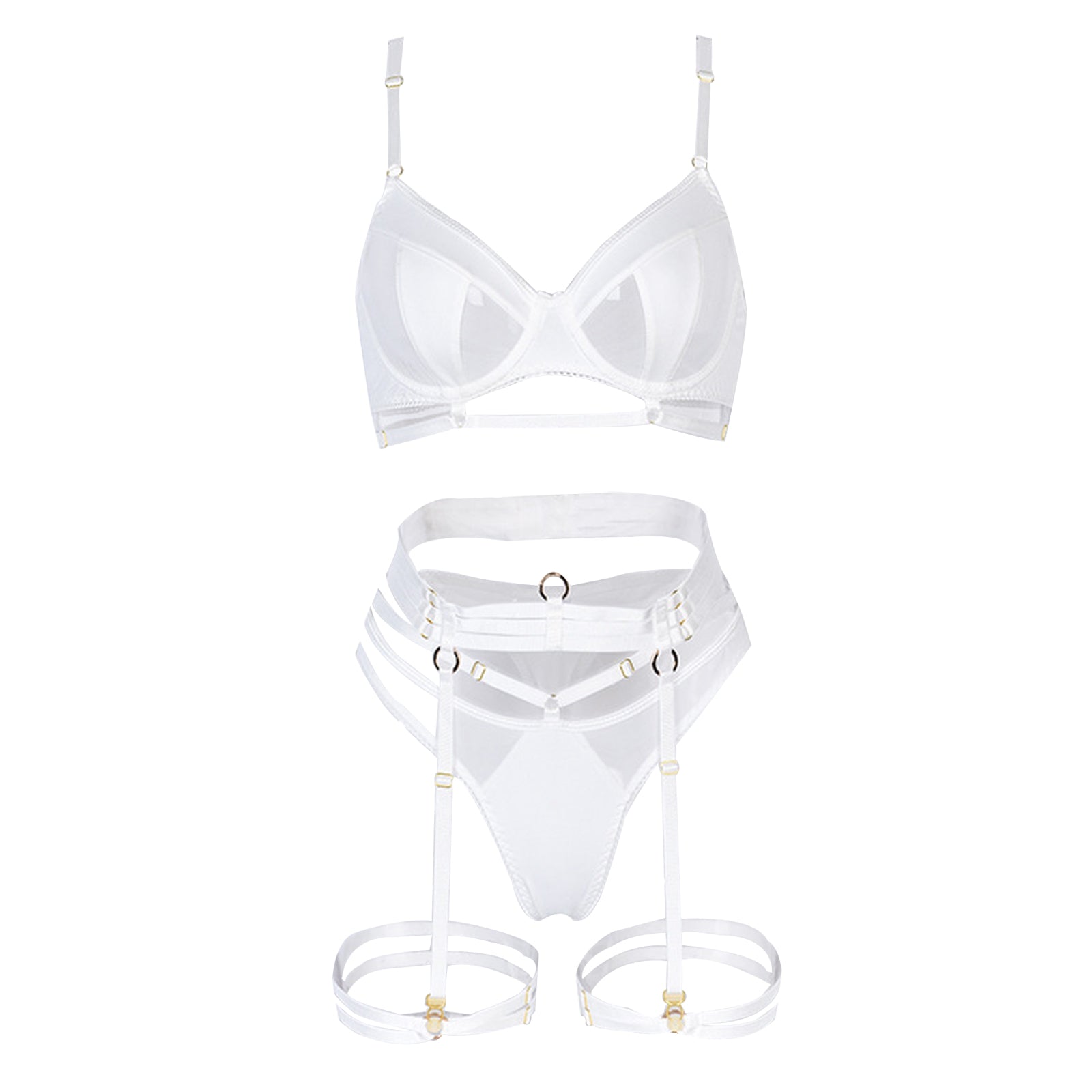 Gothic Garter Belt Set 3 Piece Strappy Bra and Panty Lingerie Set Mesh Underwire Bra Set