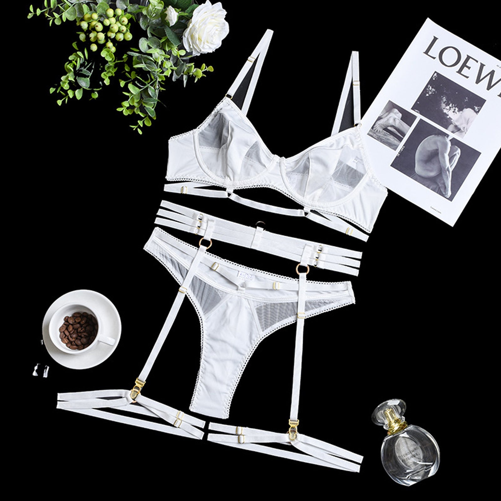 Gothic Garter Belt Set 3 Piece Strappy Bra and Panty Lingerie Set Mesh Underwire Bra Set