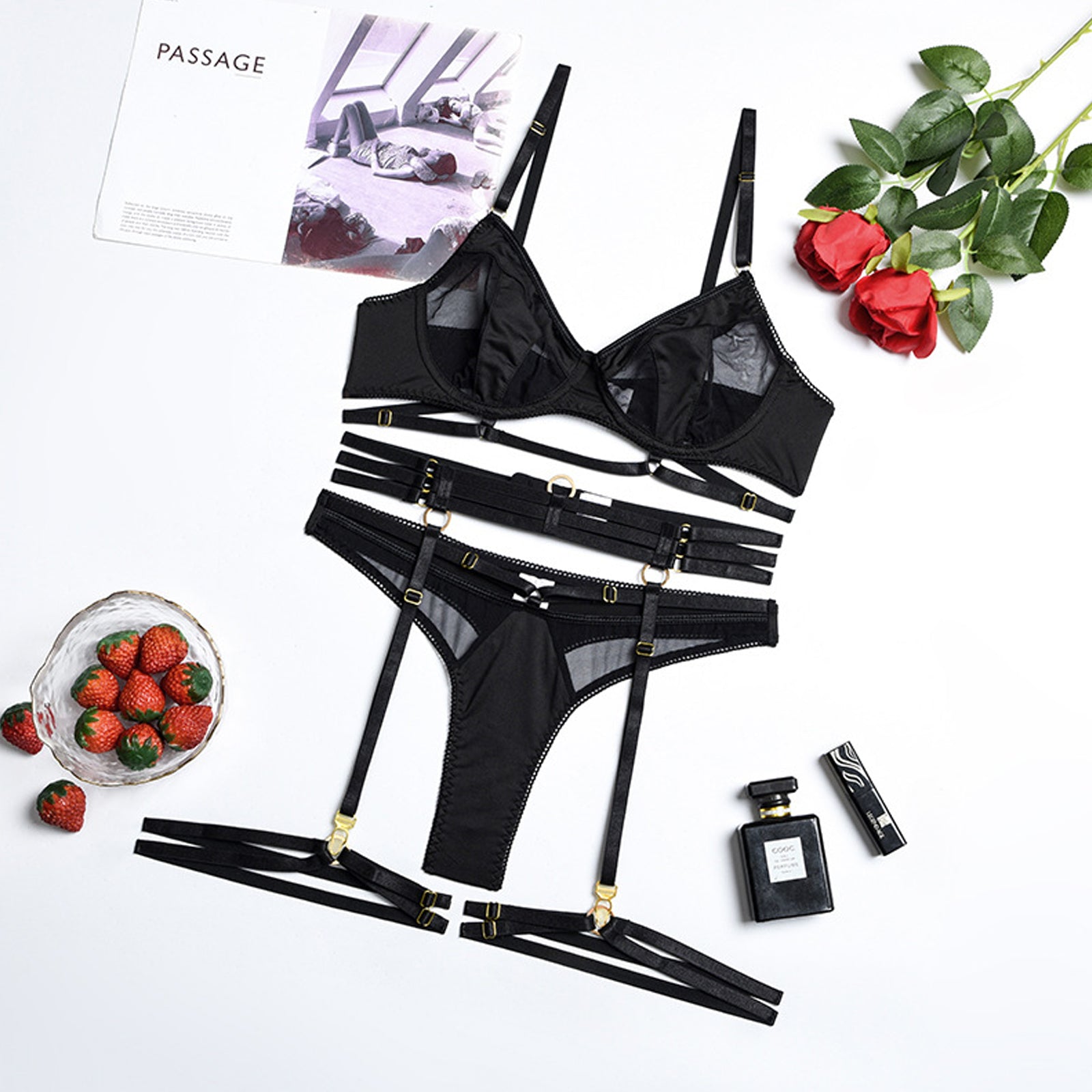 Gothic Garter Belt Set 3 Piece Strappy Bra and Panty Lingerie Set Mesh Underwire Bra Set