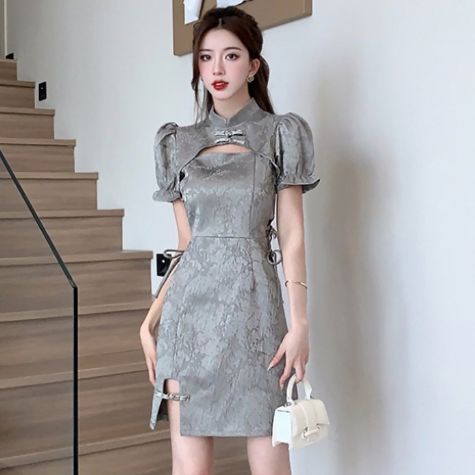Grey Chinese Dresses Cut Out Short Sleeve Slim Fit Cheongsam Dress
