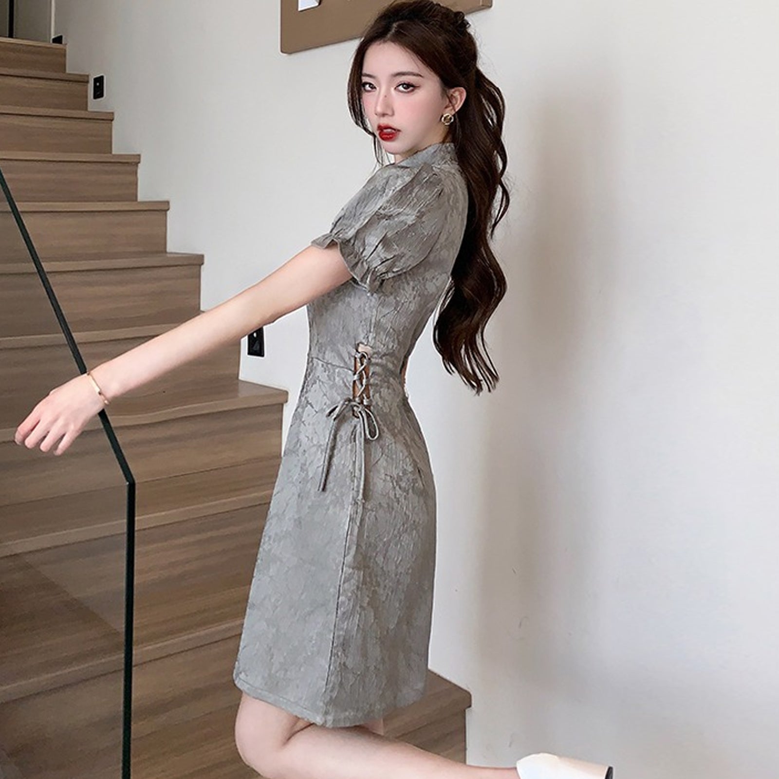 Grey Chinese Dresses Cut Out Short Sleeve Slim Fit Cheongsam Dress