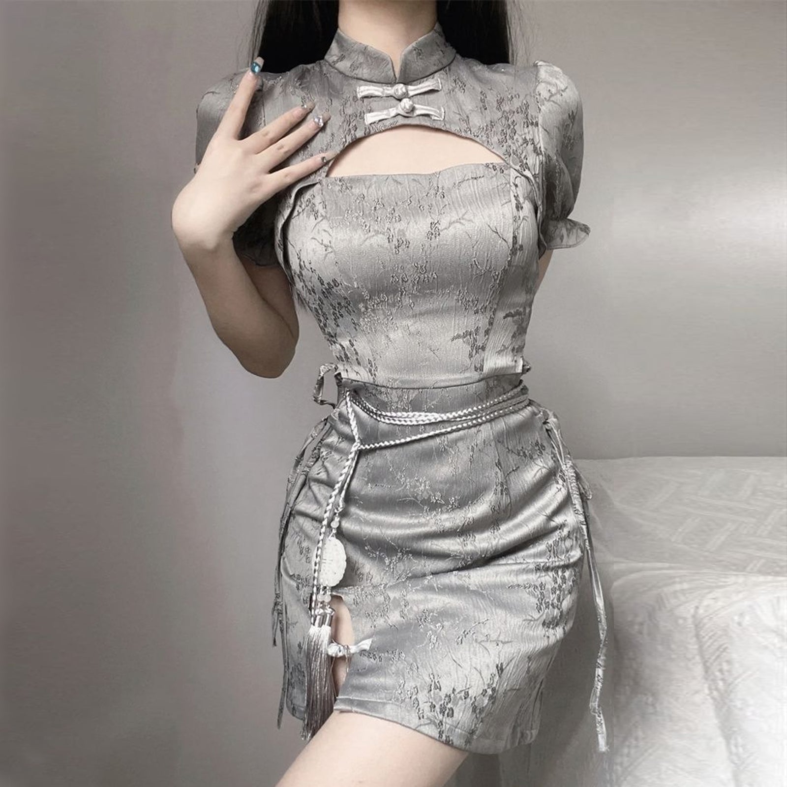 Grey Chinese Dresses Cut Out Short Sleeve Slim Fit Cheongsam Dress