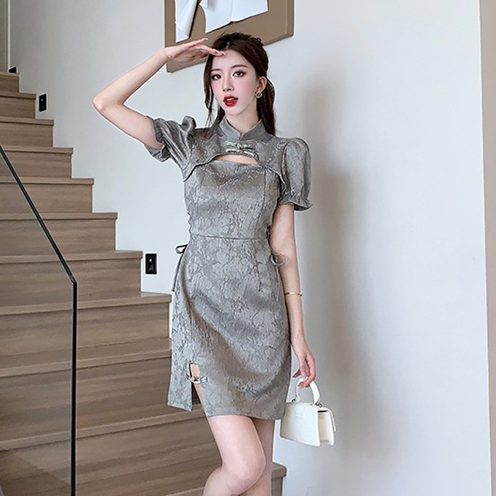 Grey Chinese Dresses Cut Out Short Sleeve Slim Fit Cheongsam Dress