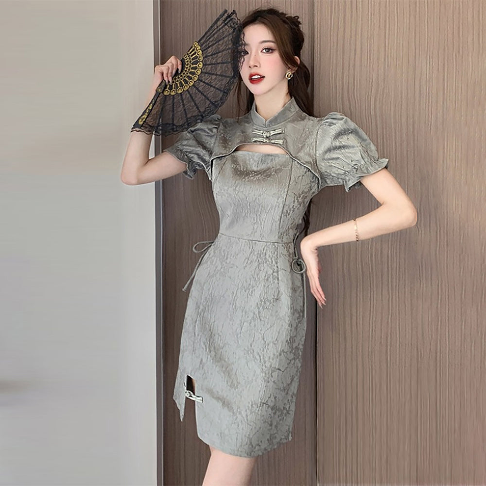 Grey Chinese Dresses Cut Out Short Sleeve Slim Fit Cheongsam Dress