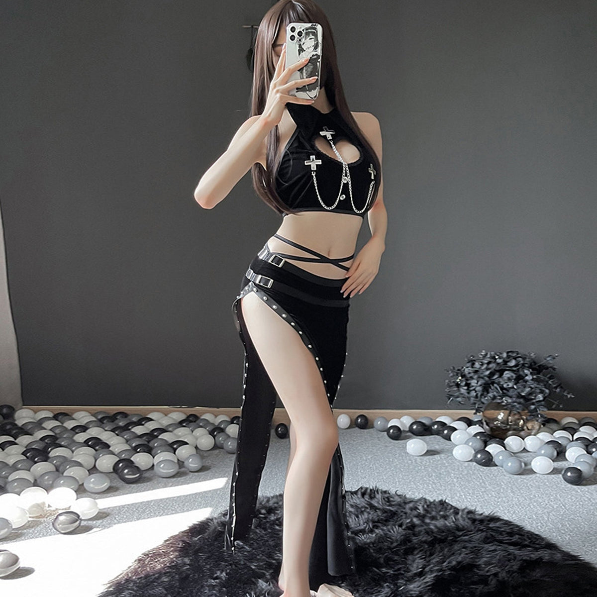 High Slit Skirt Set 2 Piece Exotic Devil Cosplay Costume Cut Out Crop Top and Skirt