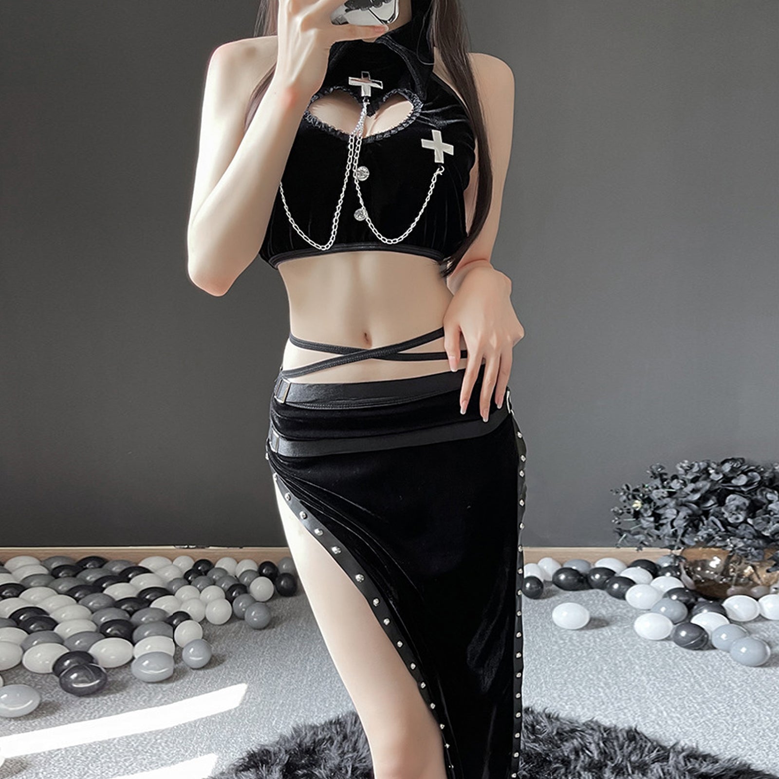 High Slit Skirt Set 2 Piece Exotic Devil Cosplay Costume Cut Out Crop Top and Skirt