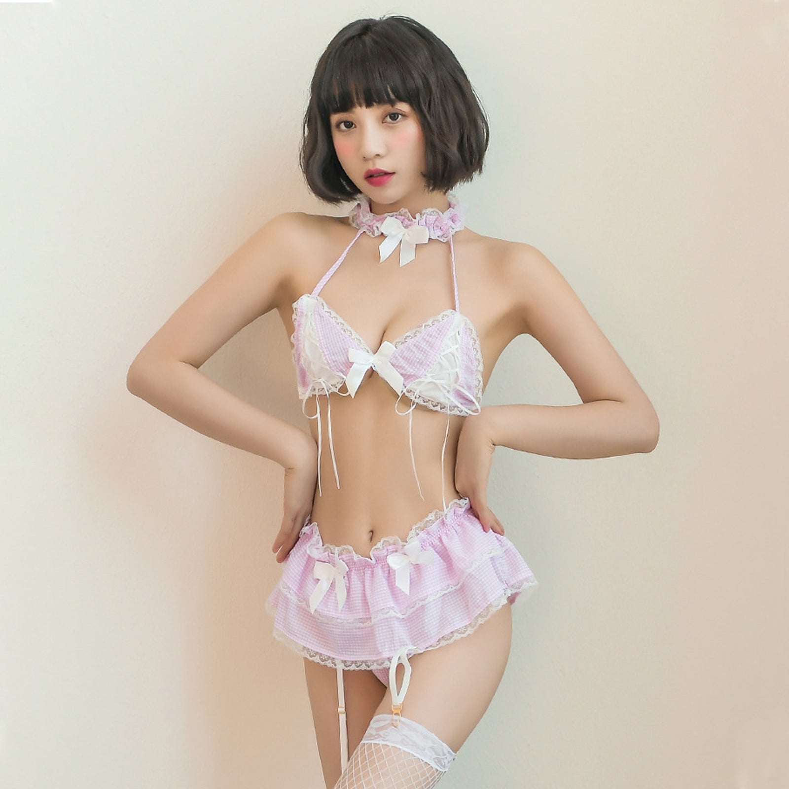 Kawaii Lolita Lingerie Costume Lace Ruffle Plaid Garter Set with Choker