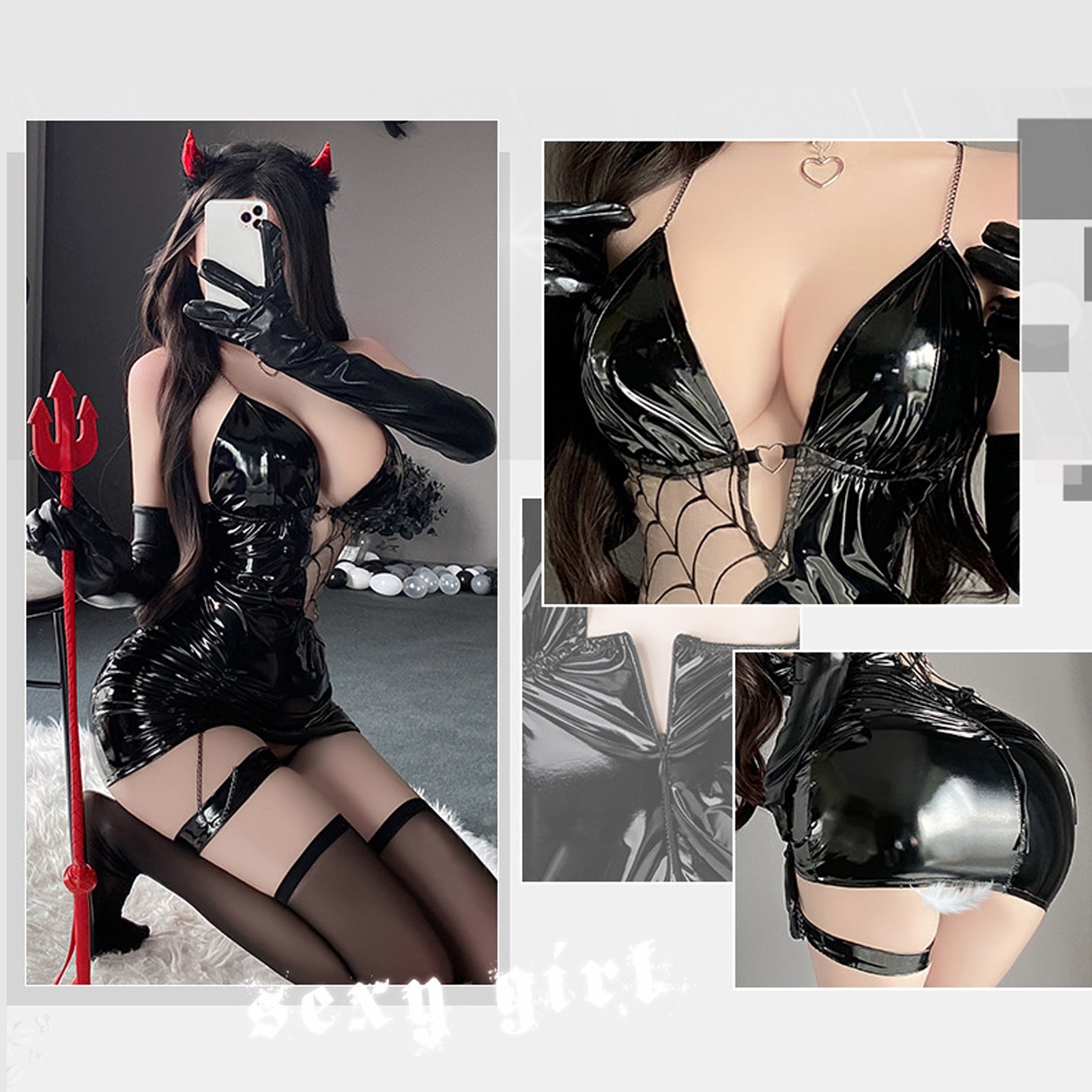 Latex Devil Cosplay Outfits Leather Lace Up Ruched Mini Dress Succubus Halloween Costume