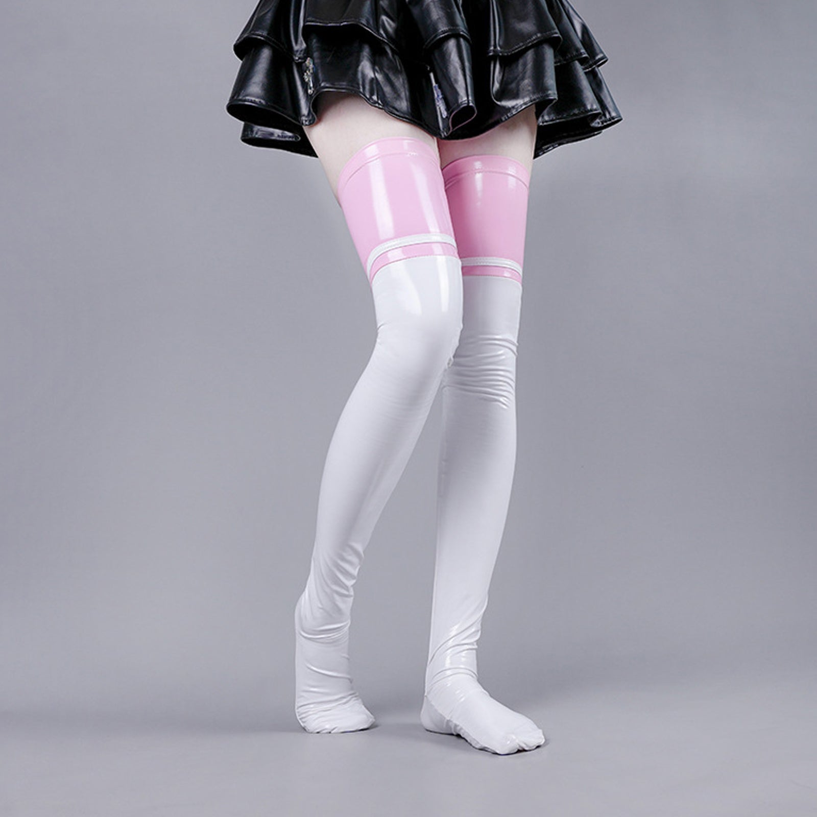 Latex Thigh High Stocking Color Block Faux Leather Thigh High Socks for Women