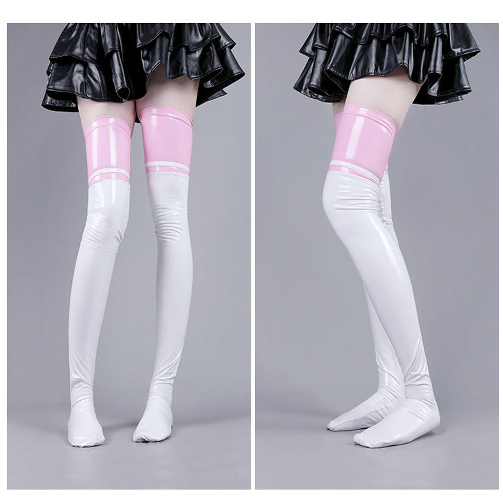 Latex Thigh High Stocking Color Block Faux Leather Thigh High Socks for Women