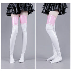 Latex Thigh High Stocking Color Block Faux Leather Thigh High Socks for Women