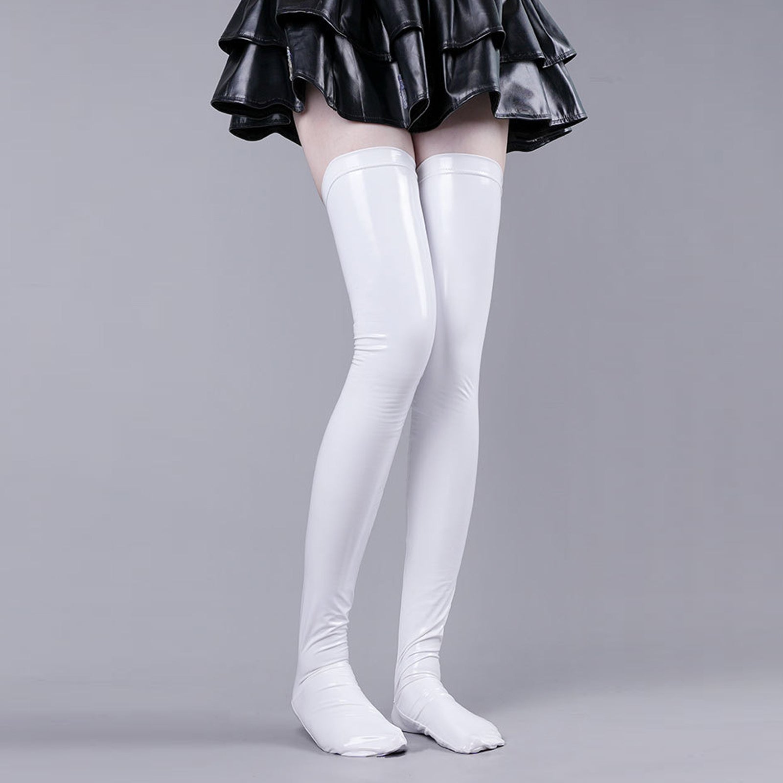 Latex Thigh High Stocking Color Block Faux Leather Thigh High Socks for Women