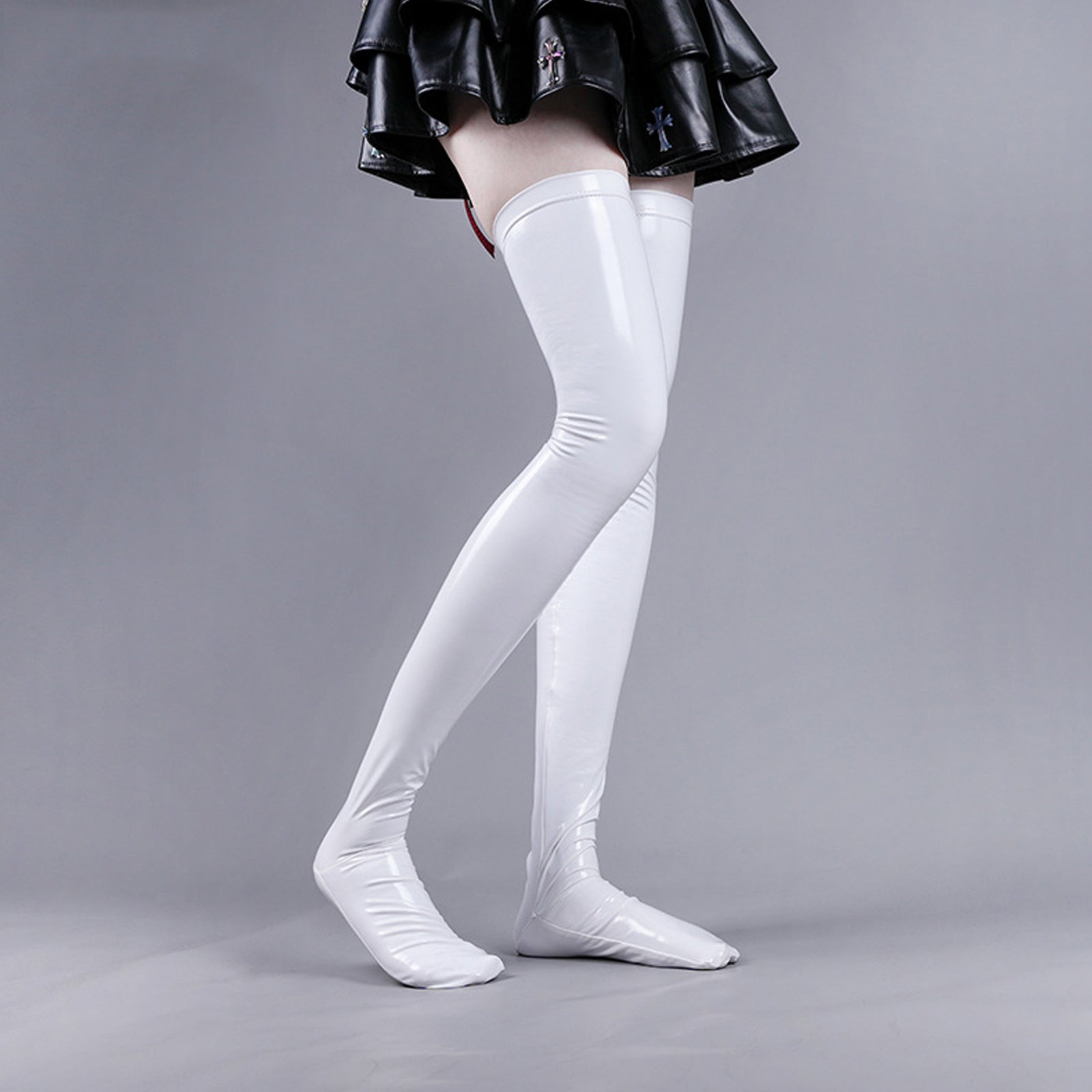 Latex Thigh High Stocking Color Block Faux Leather Thigh High Socks for Women