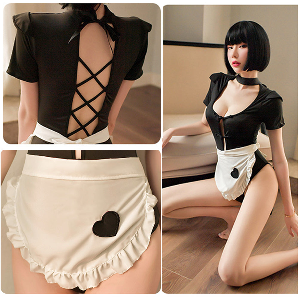 Maid Lingerie Maid Outfit 2 Piece Black Snap Crotch Bodysuit Stripperwear and Maid Apron