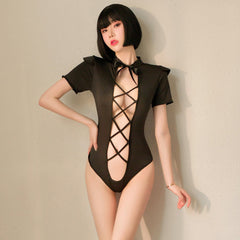 Maid Lingerie Maid Outfit 2 Piece Black Snap Crotch Bodysuit Stripperwear and Maid Apron