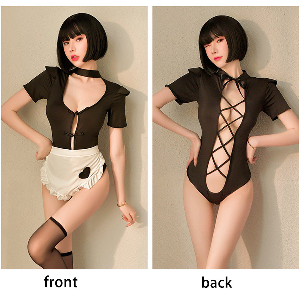 Maid Lingerie Maid Outfit 2 Piece Black Snap Crotch Bodysuit Stripperwear and Maid Apron