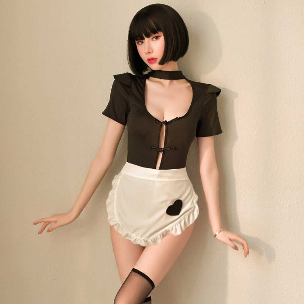 Maid Lingerie Maid Outfit 2 Piece Black Snap Crotch Bodysuit Stripperwear and Maid Apron