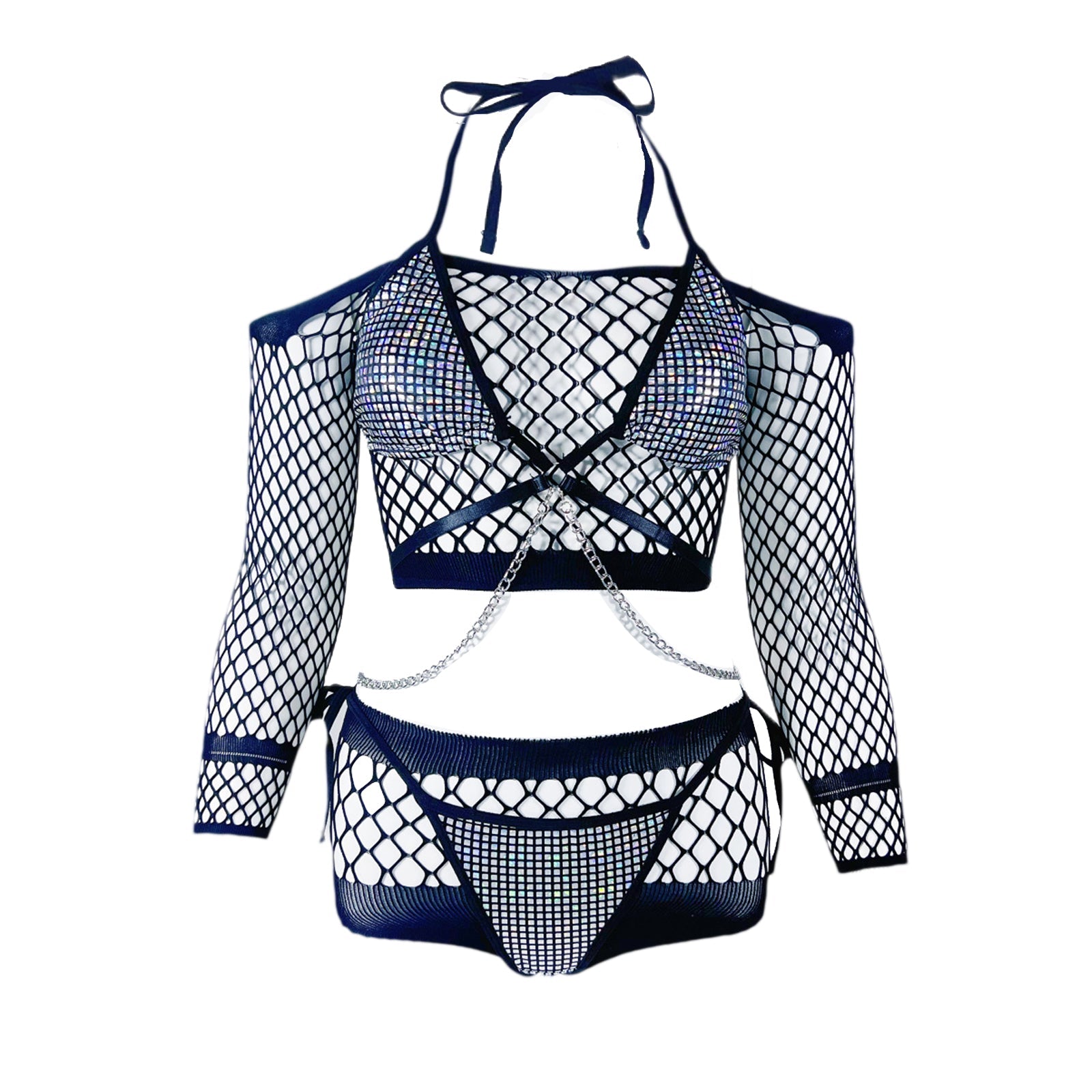 Metallic Bikini Set Fishnet Crop Top and Shorts Rave EDC Outfit