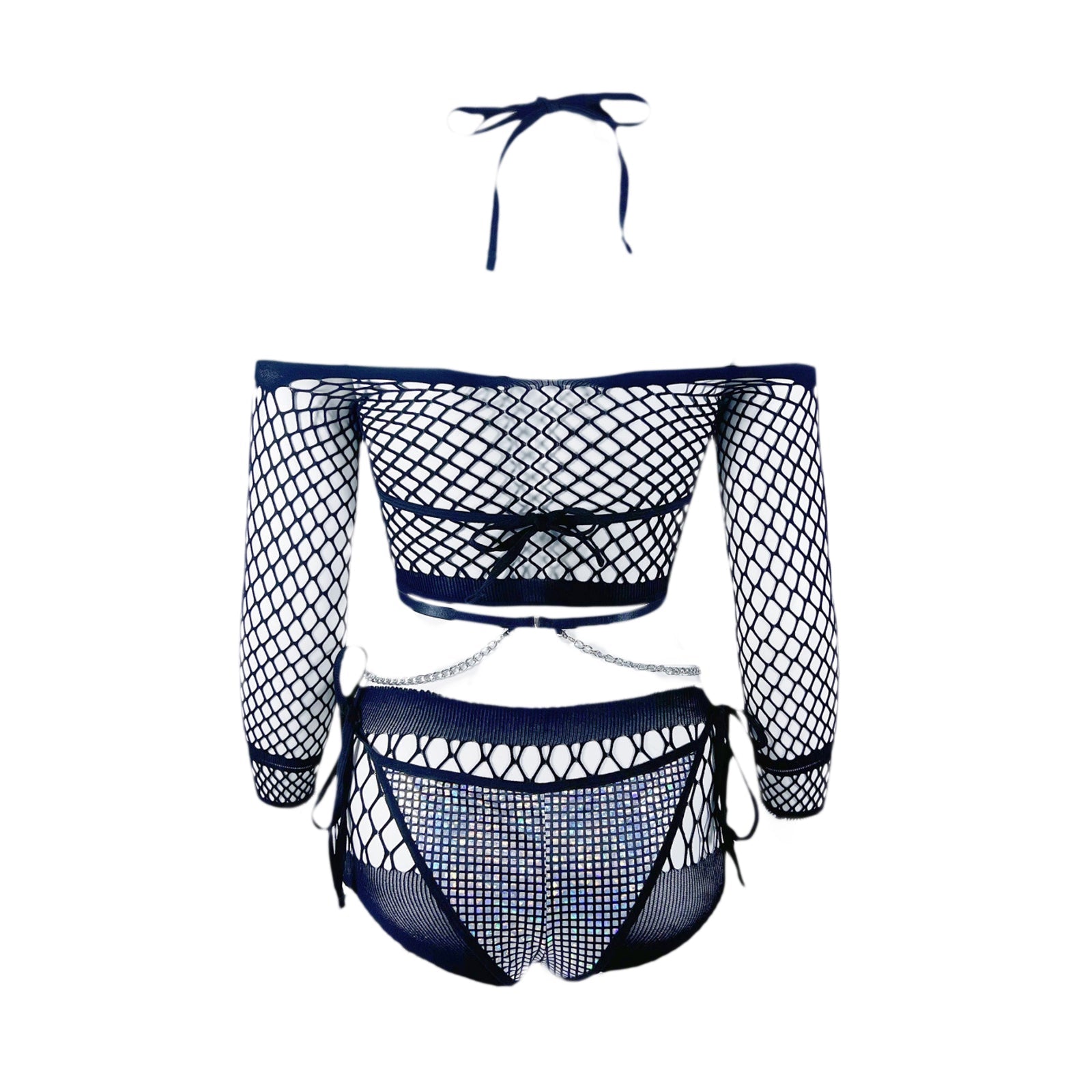 Metallic Bikini Set Fishnet Crop Top and Shorts Rave EDC Outfit