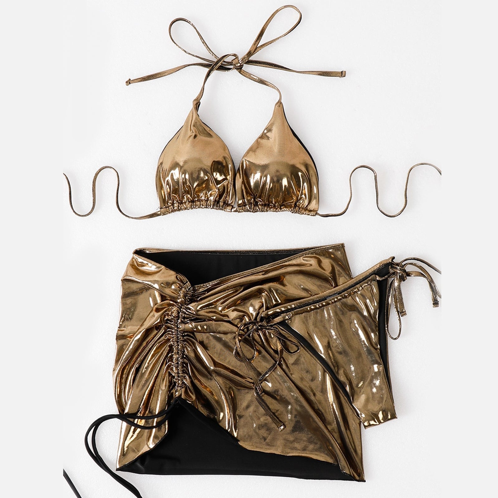 Metallic Bikini with Cover-Up Skirt 3 Piece String Bikini Set Tie Side Swimsuit for Women