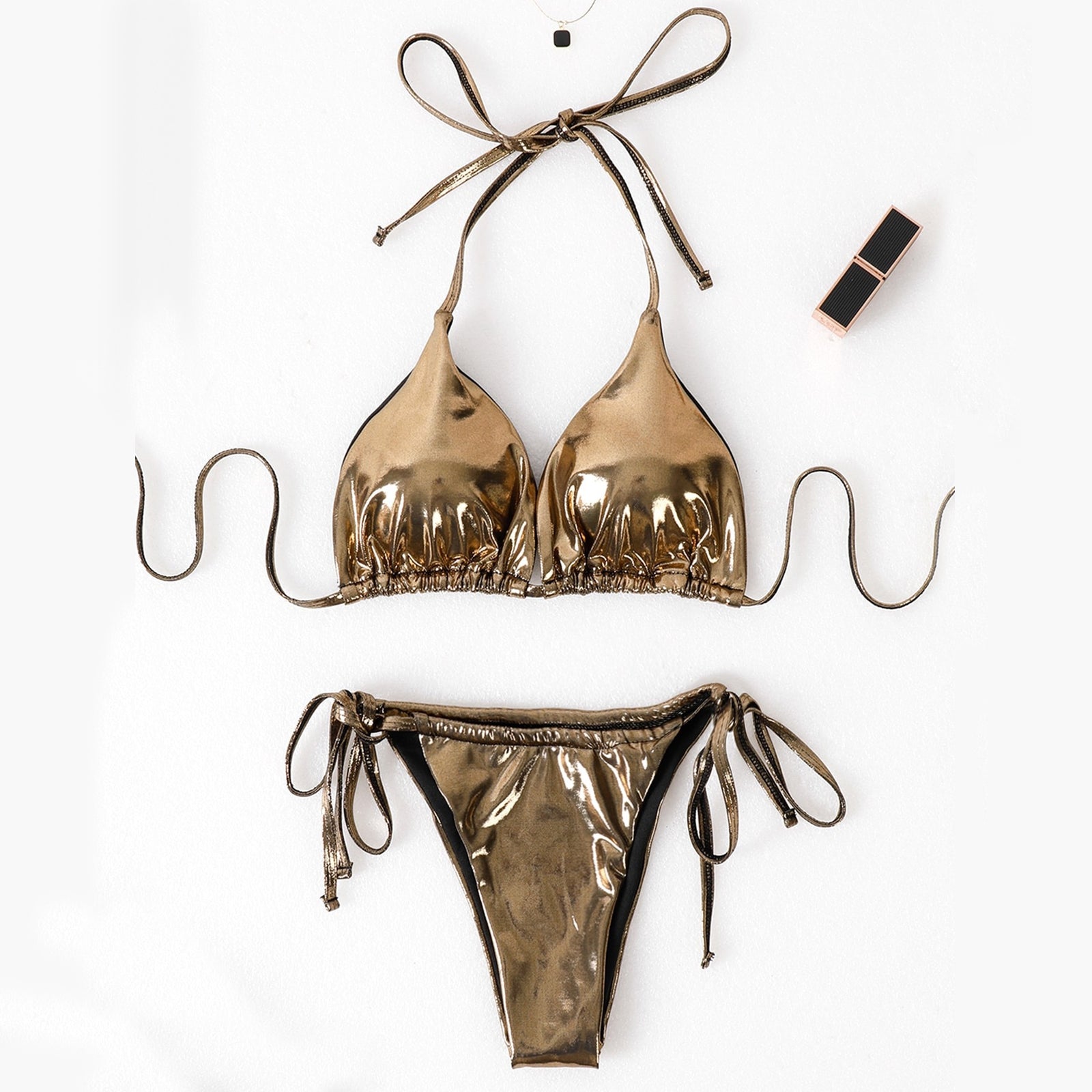 Metallic Bikini with Cover-Up Skirt 3 Piece String Bikini Set Tie Side Swimsuit for Women