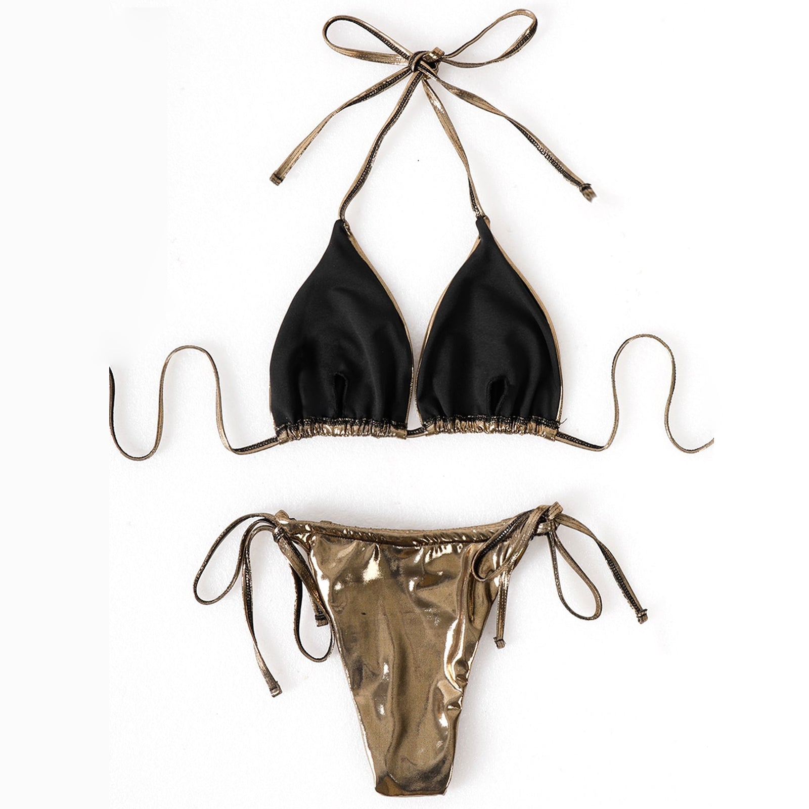 Metallic Bikini with Cover-Up Skirt 3 Piece String Bikini Set Tie Side Swimsuit for Women