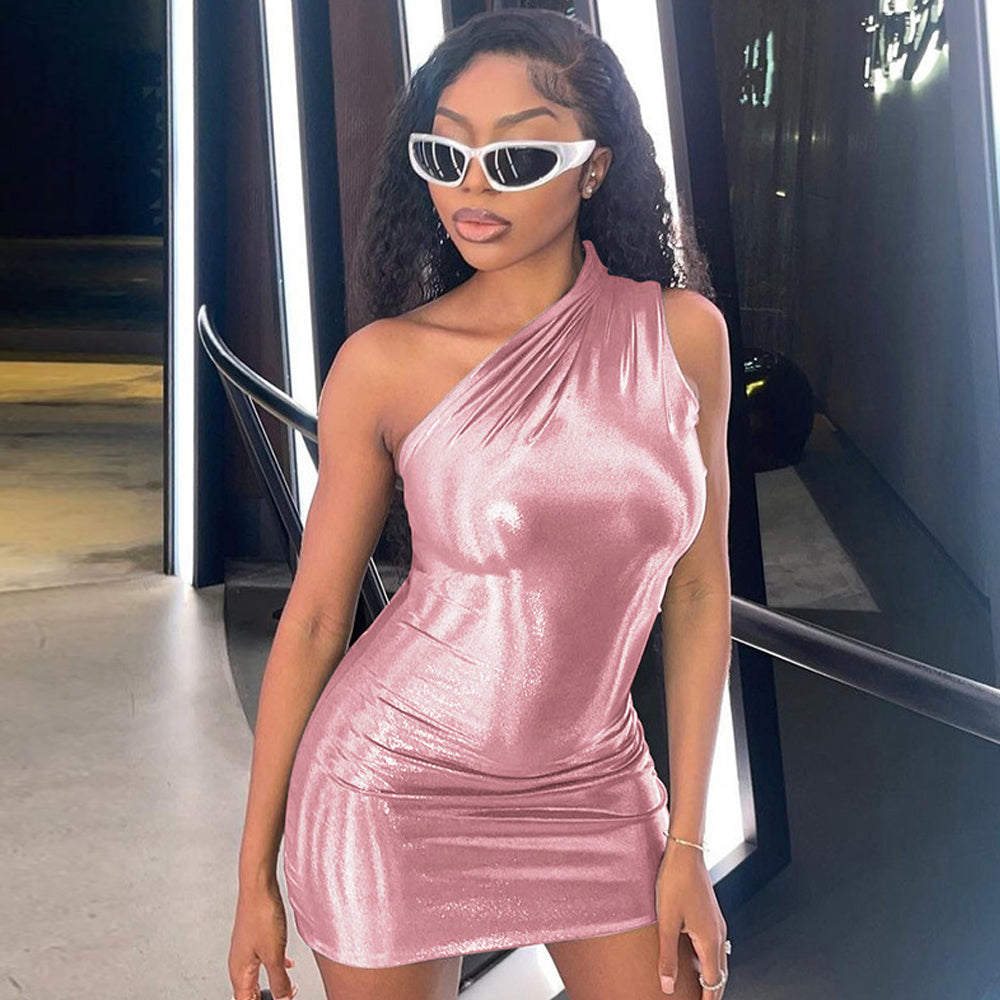 Metallic Mini Dress One Shoulder Sleeveless Bodycon Dress Shiny Cocktail Party Dress