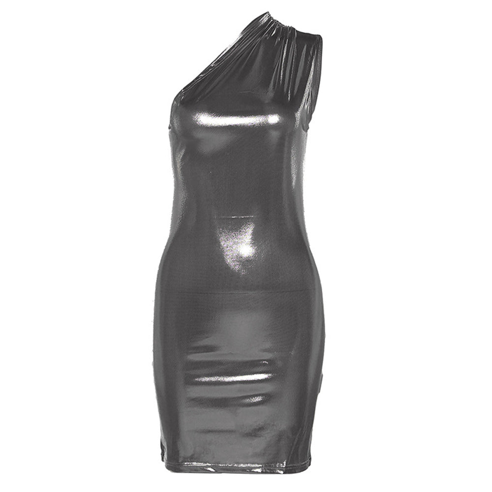 Metallic Mini Dress One Shoulder Sleeveless Bodycon Dress Shiny Cocktail Party Dress