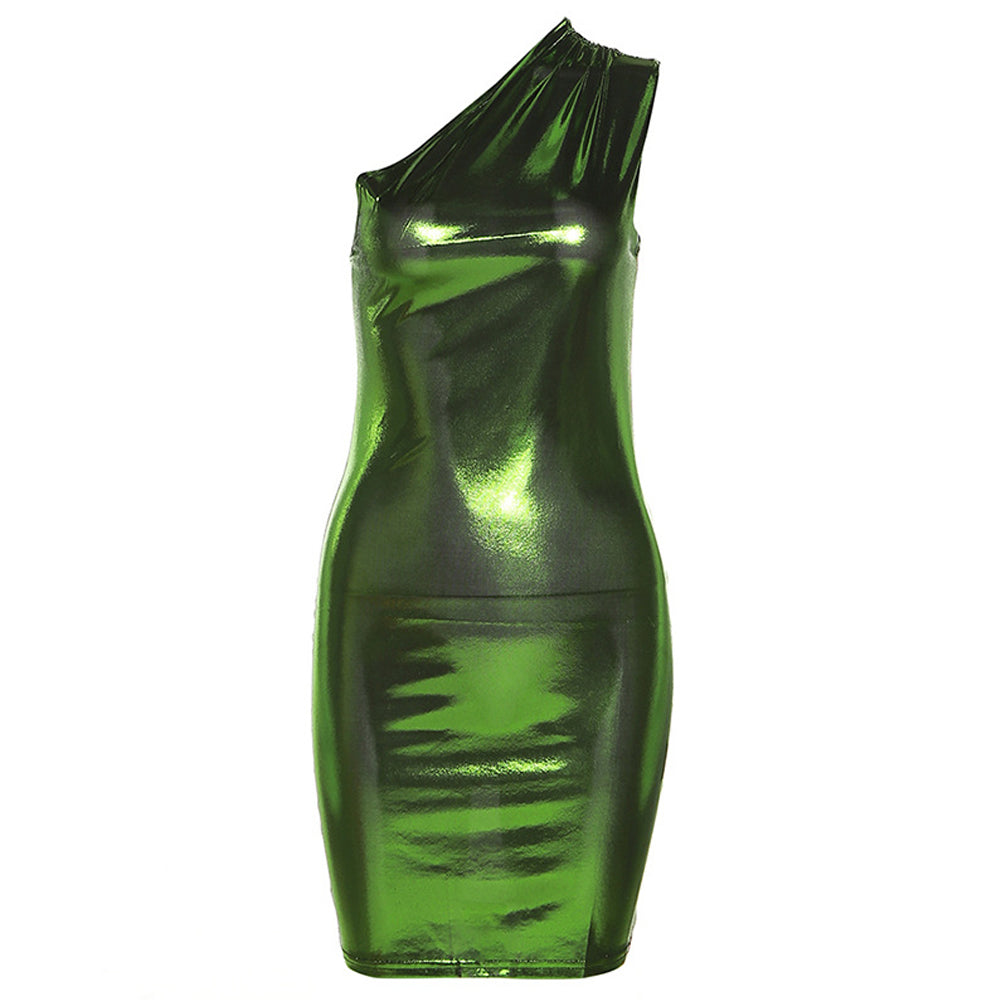 Metallic Mini Dress One Shoulder Sleeveless Bodycon Dress Shiny Cocktail Party Dress