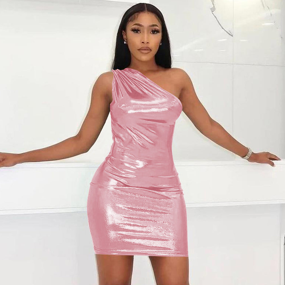 Metallic Mini Dress One Shoulder Sleeveless Bodycon Dress Shiny Cocktail Party Dress