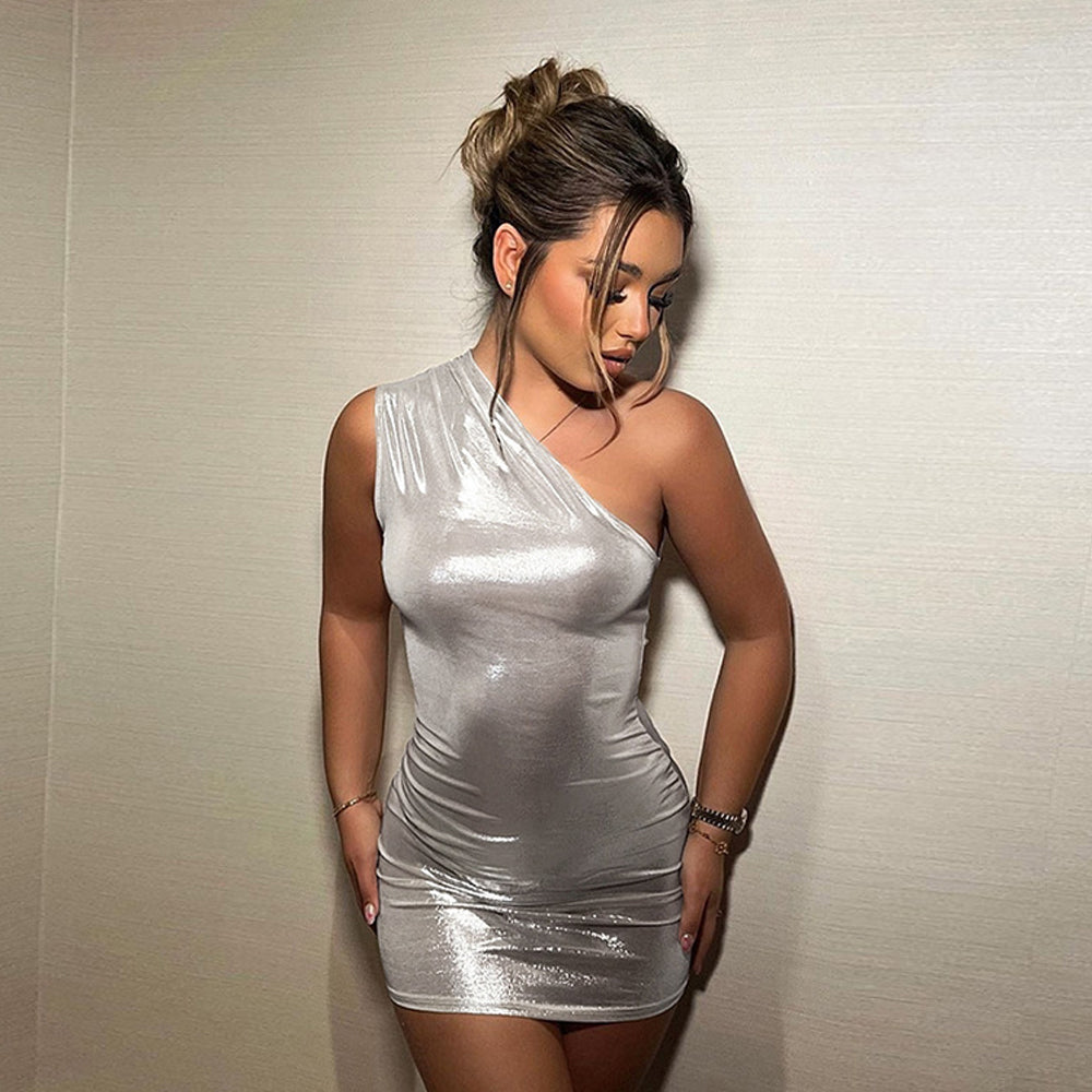Metallic Mini Dress One Shoulder Sleeveless Bodycon Dress Shiny Cocktail Party Dress