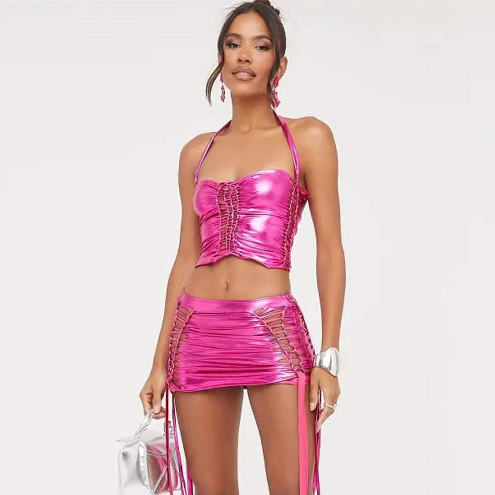 Metallic Skirt Set Pink Two Piece Set Party Clubwear Drawstring Rave Outfits