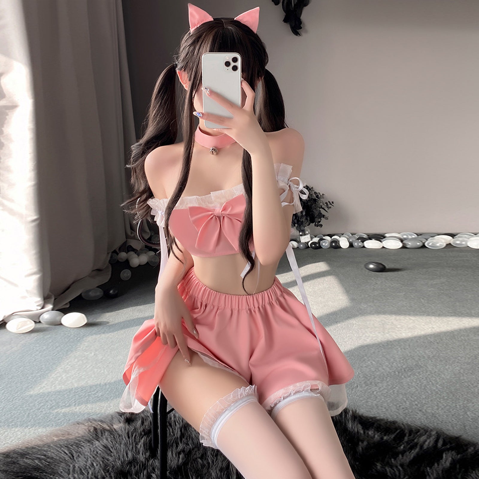 Naughty Cat Girl Lingerie Set Pink Neko Outfit Anime Cosplay Costumes