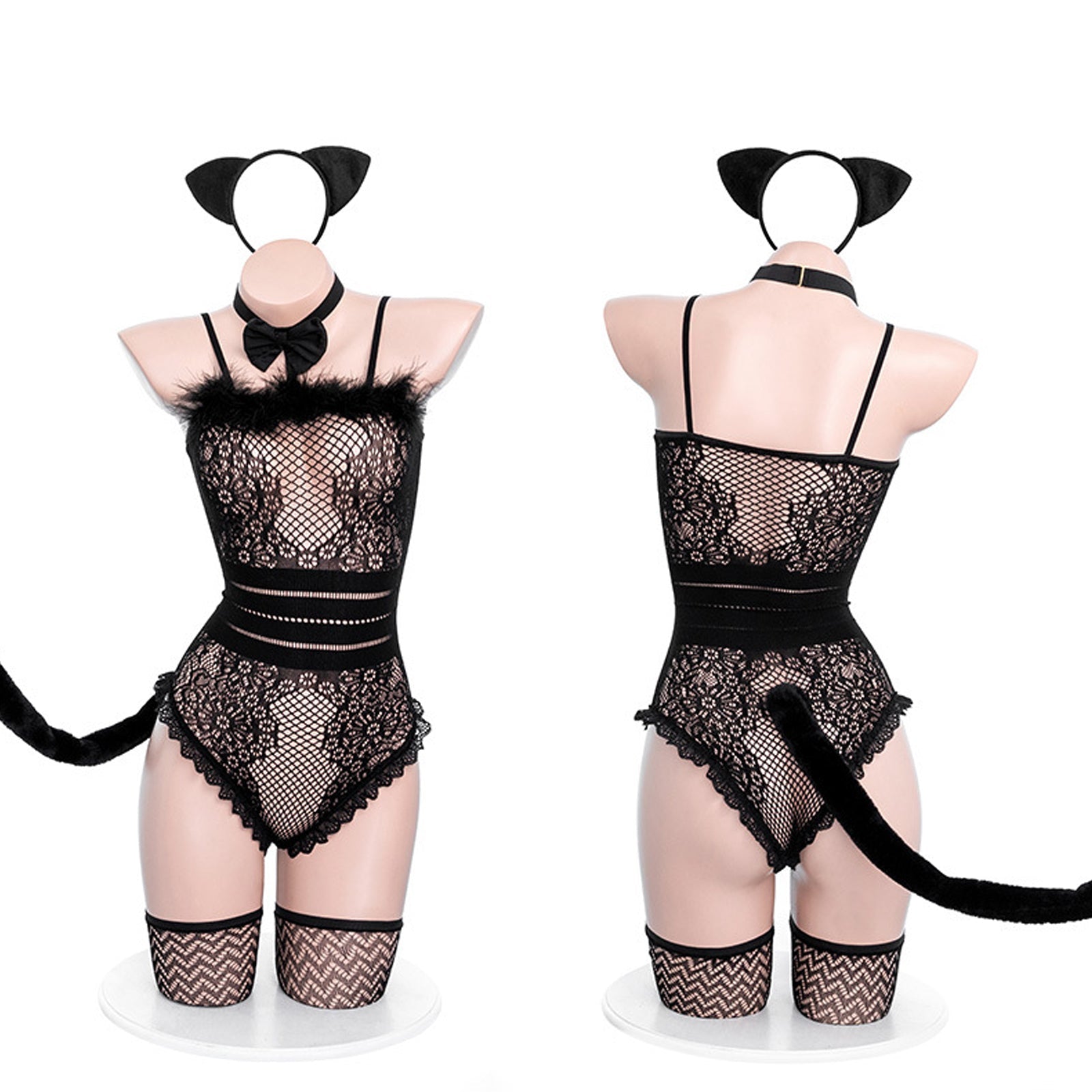 Neko Girl Costume Anime Cat Cosplay Lingerie Black Fishnet Teddy Bodysuit