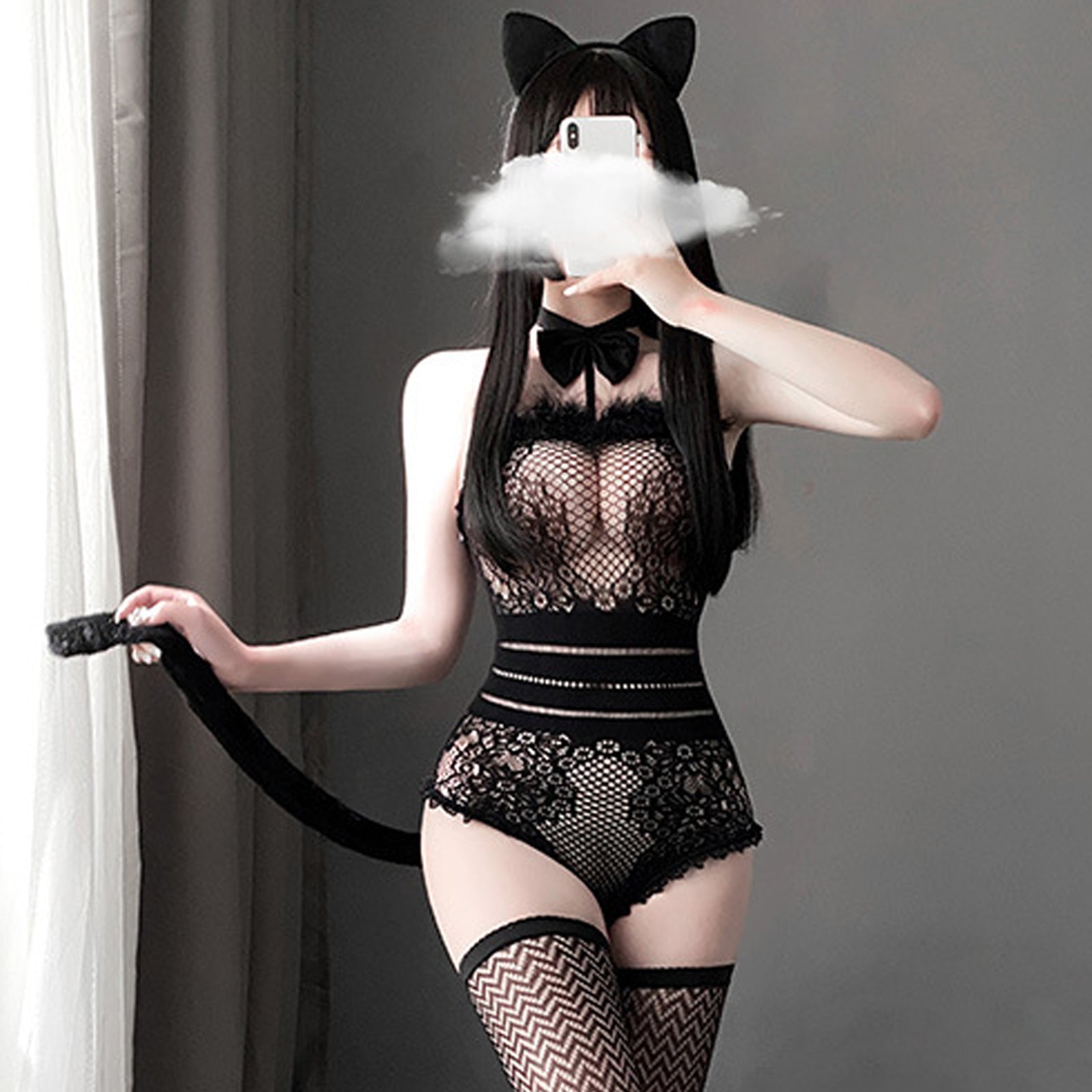 Neko Girl Costume Anime Cat Cosplay Lingerie Black Fishnet Teddy Bodysuit