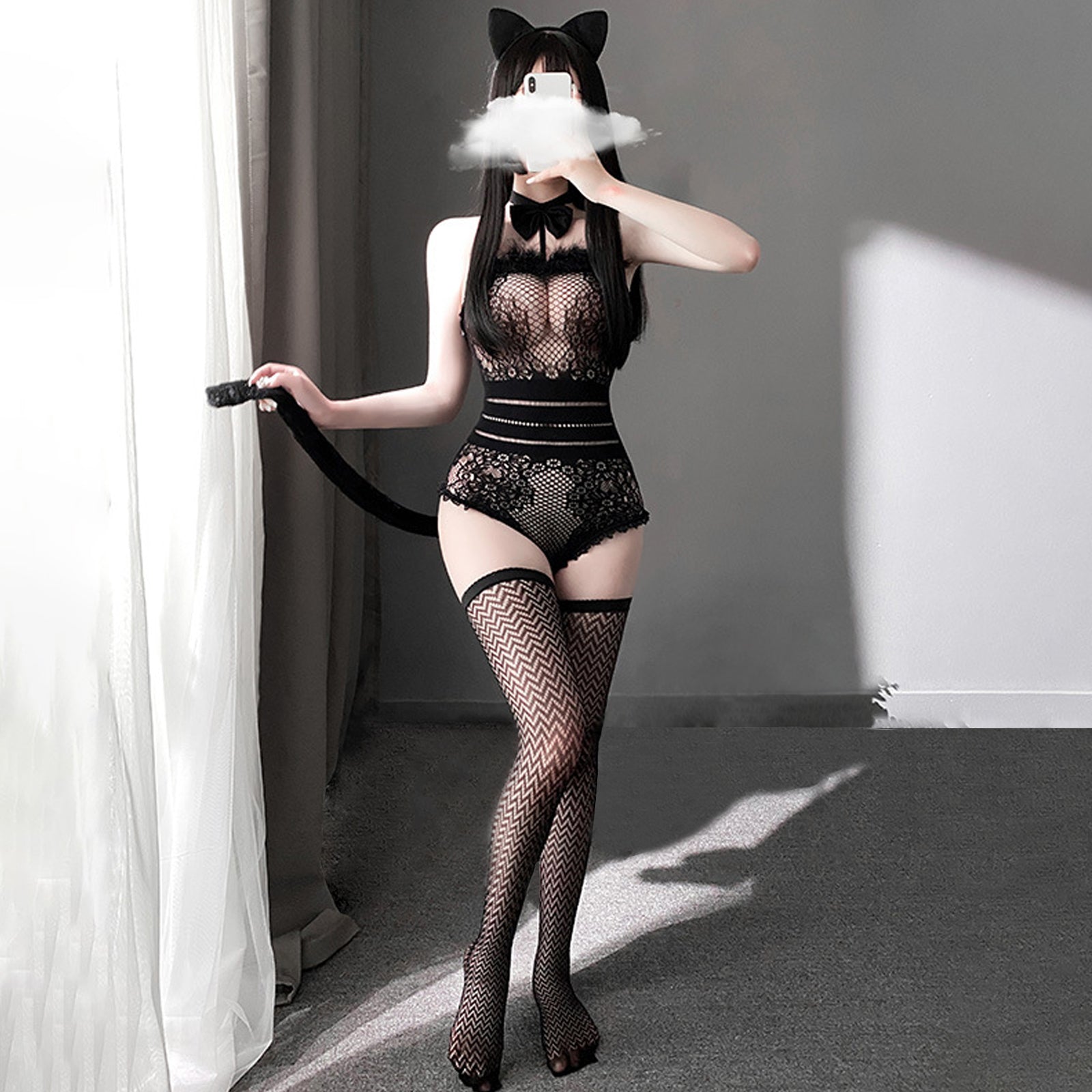 Neko Girl Costume Anime Cat Cosplay Lingerie Black Fishnet Teddy Bodysuit